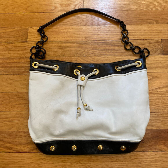 Vtg ST. JOHN Leather Drawstring Bucket Bag White Black Gold Rivets FLAWS READ - Picture 1 of 8